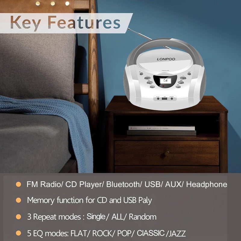 LONPOO CD Players Portable Boombox with FM Radio/USB/Bluetooth/AUX Input and Earphone Jack Output, Stereo Sound Speaker & Audio Player,White - Image 3